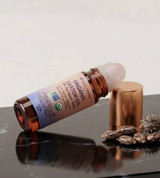Organic Castor Oil with Rose Quartz Roller 100ml – Natural Roll-On Oil for Skin, Brows & Hair Care