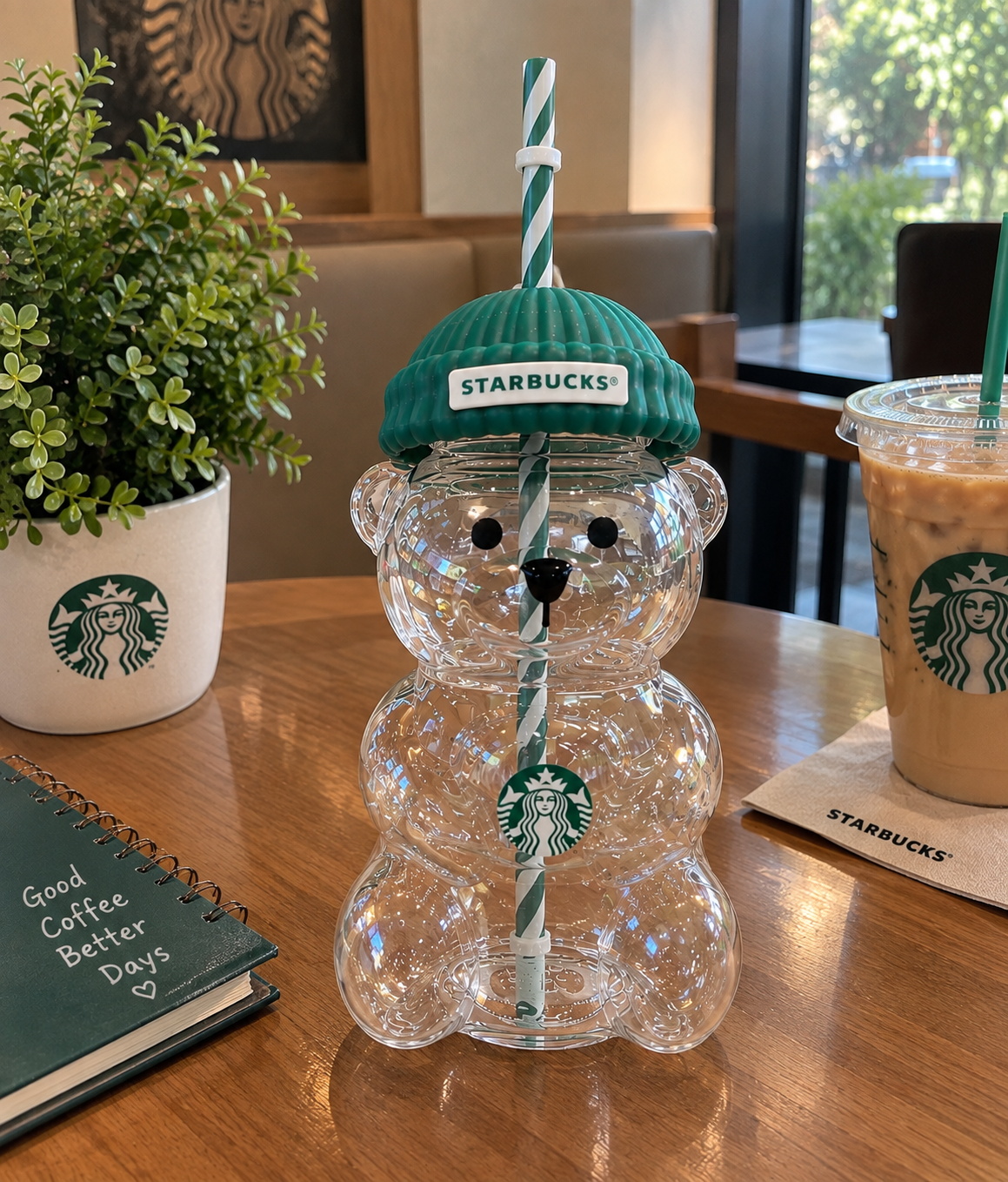 Green Bear Tumbler with Straw & Lid – Cute Bear-Shaped Reusable Drinking Cup, Aesthetic Drinkware