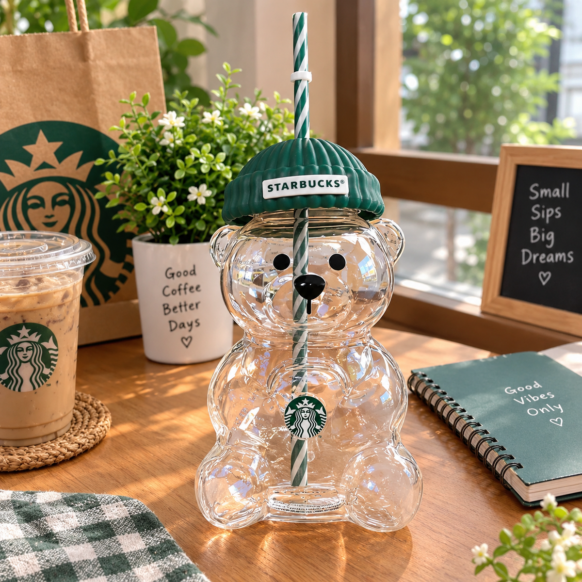 Green Bear Tumbler with Straw & Lid – Cute Bear-Shaped Reusable Drinking Cup, Aesthetic Drinkware